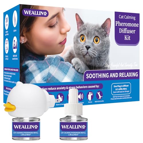 Cat Calming Diffuser Kit - Cat Pheromones Calming Diffuser Relieve Anxiety & Stress - 3-in-1 Cat Pheromone Diffuser Kit with 1 Diffuser + 2 refill 48ml Vial - 60 Days of Comfort and Relaxation