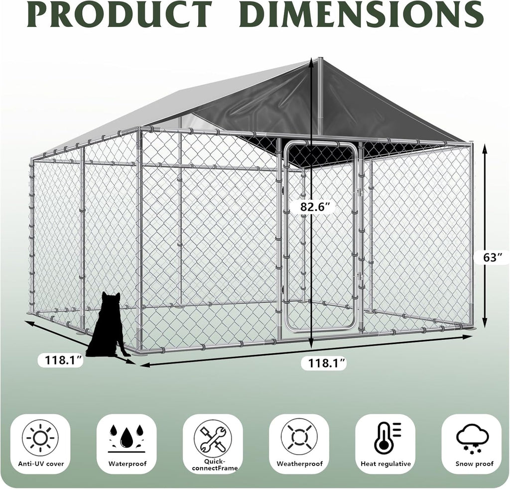 Outdoor Dog Kennel with Roof, 10x10x7FT Heavy Duty Dog Cage Run Playpen with Secure Lock C563