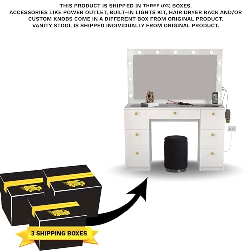 Makeup Vanity Desk with Lights, 7 Drawers, Black Mirror, Power Outlet J554
