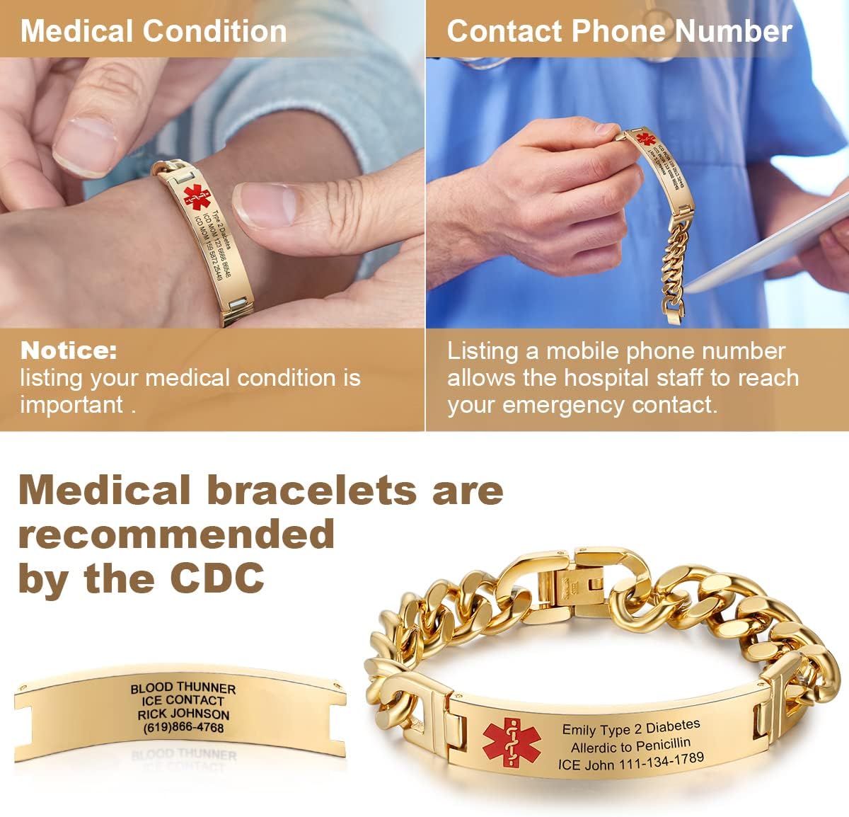 Medical Alert Bracelets for Men Women Stainless Steel Engravable L40086