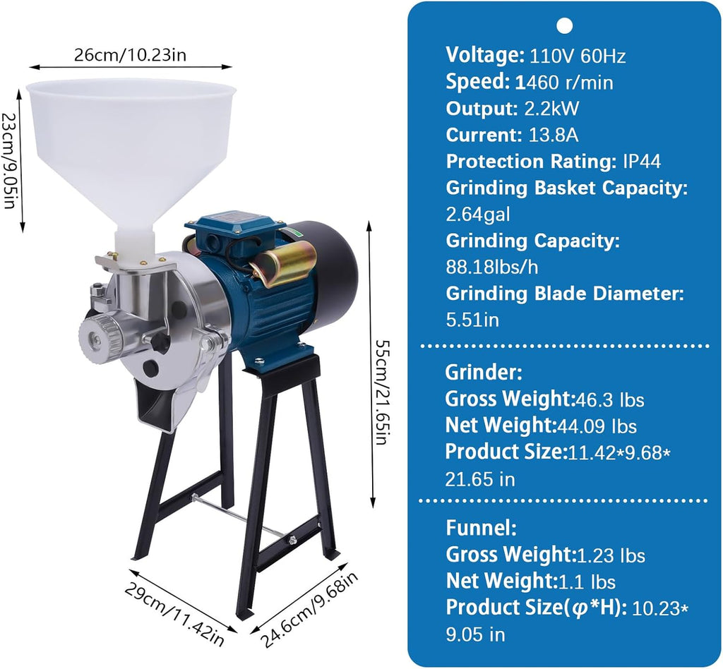 Electric Grain Mill Grinder, 2200W Wet & Dry Cereals, Heavy Duty with Funnel U609697