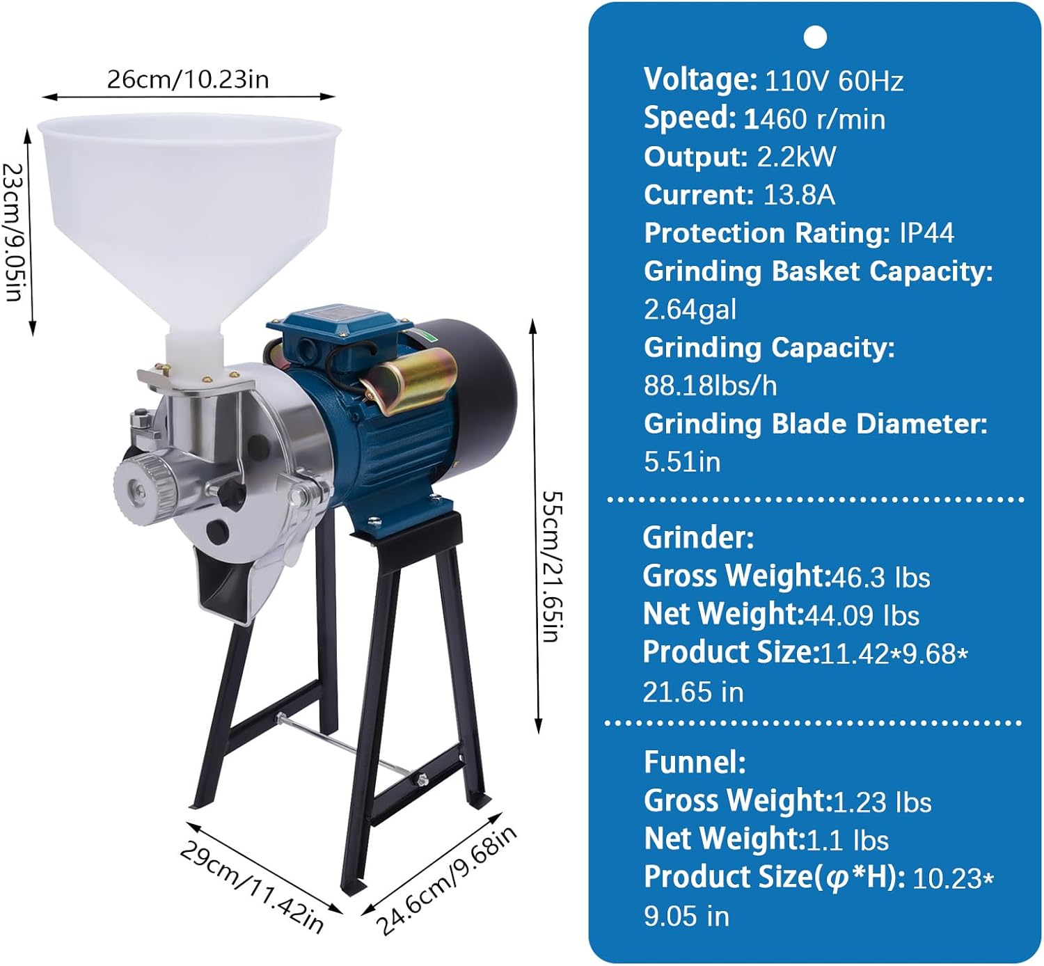 Electric Grain Mill Grinder, 2200W Wet & Dry Cereals, Heavy Duty with Funnel U609697