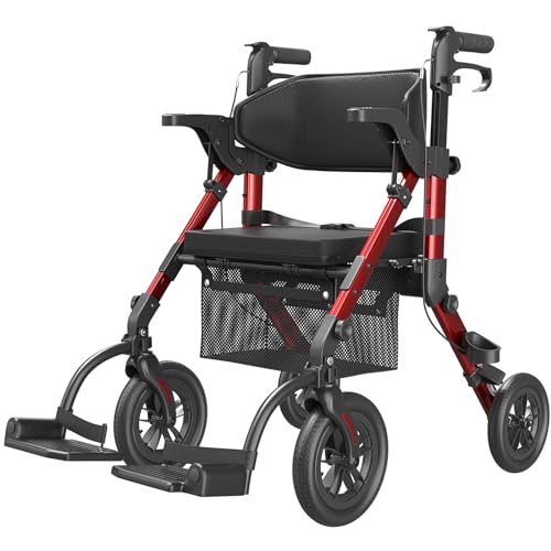 Walkers for Seniors, Rollator Walker with Seat, Transport Wheelchair Lightweight Foldable, Adult Rolling Walker, Rollator Transport Chair with Brakes, 2 in 1 Walker Wheelchair Combo Z51-2024 New
