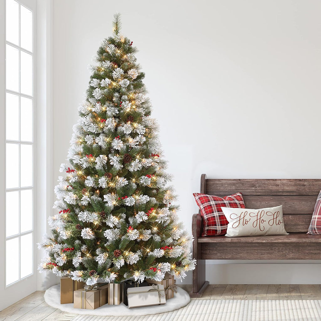 Flocked Pine Tree with Clear Lights, Pine Cones & Berries J341