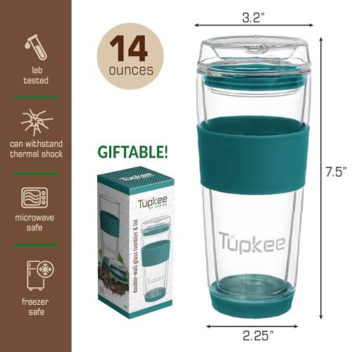 Double Wall Glass Tumbler 14-Ounce Insulated Tea Coffee Mug with Lid K142