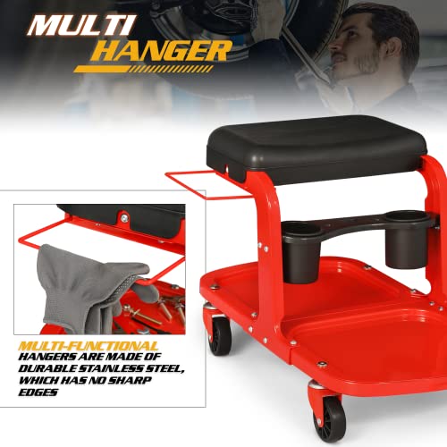Garage Mechanic Creeper Seat with Tool Tray and Cup Holder, Rolling Stool on Wheels, 350 lbs Capacity H342679