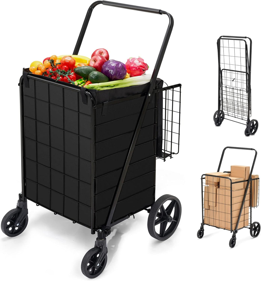HABUTWAY Folding Shopping Cart with Wheels 360 Degree Rolling Swivel Grocery Cart with Removable Oxford Cloth Liner Compact Utility Cart for Groceries Luggage Laundry,220lb Capacity Black
