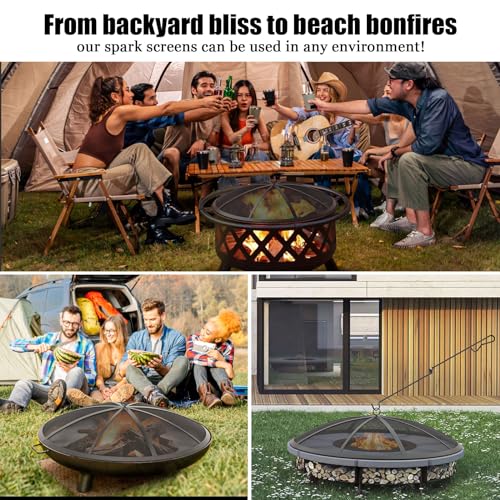 Fire Pit Spark Screen, 27 Inch Collapsible Outdoor Cover with Handle & Poker V1508