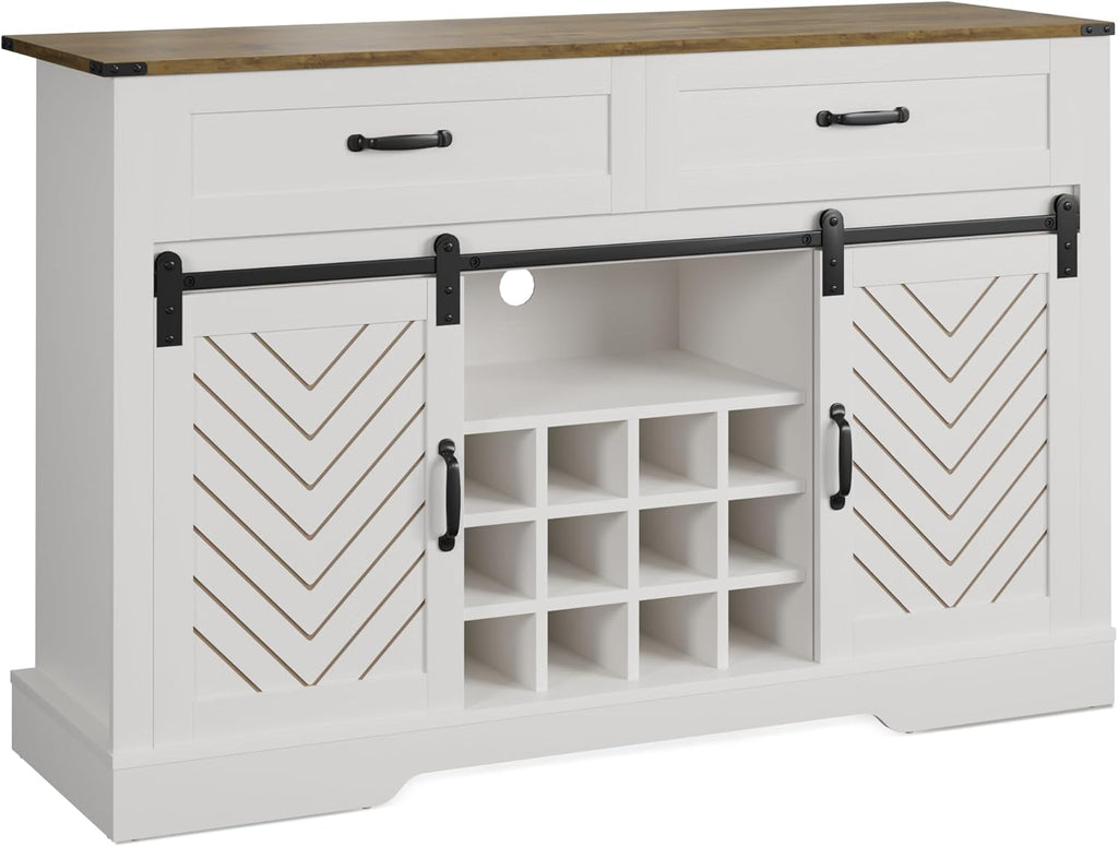 Sliding Barn Door Sideboard Buffet Cabinet with Wine Rack, White & Oak Y496