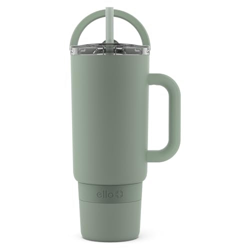 Ello Port 40oz Tumbler with Carry Loop & Integrated Handle, Vacuum Insulated Stainless Steel Reusable Water Bottle, Travel Mug with Leak Proof Lid and Straw, Perfect for Iced Coffee and Tea