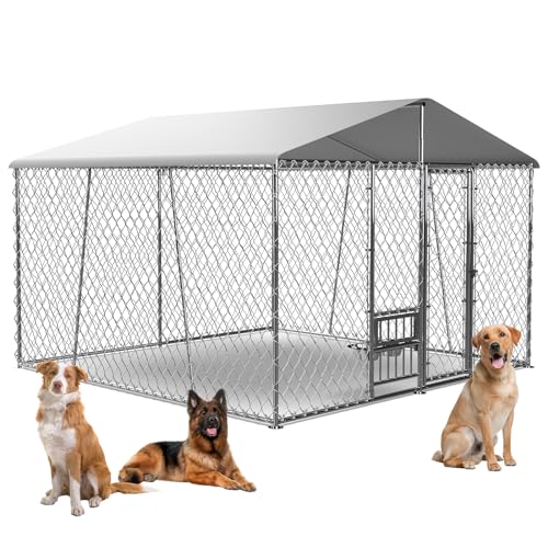 10×10×7FT Large Dog Kennel Outdoor with Bowls, Heavy Duty Outdoor Dog Kennel with Cover, Outside Chain Link Dog Playpen Dogs Run Dog Cage with Lock & Waterproof Roof for Backyard
