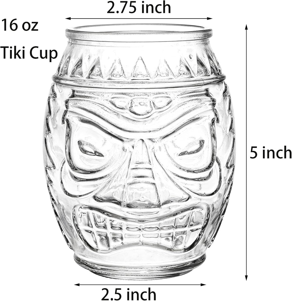 Tiki Glass Mug 6 Pack, 16 Oz Clear Cocktail Cups for Mai Tai and Luau Party D269