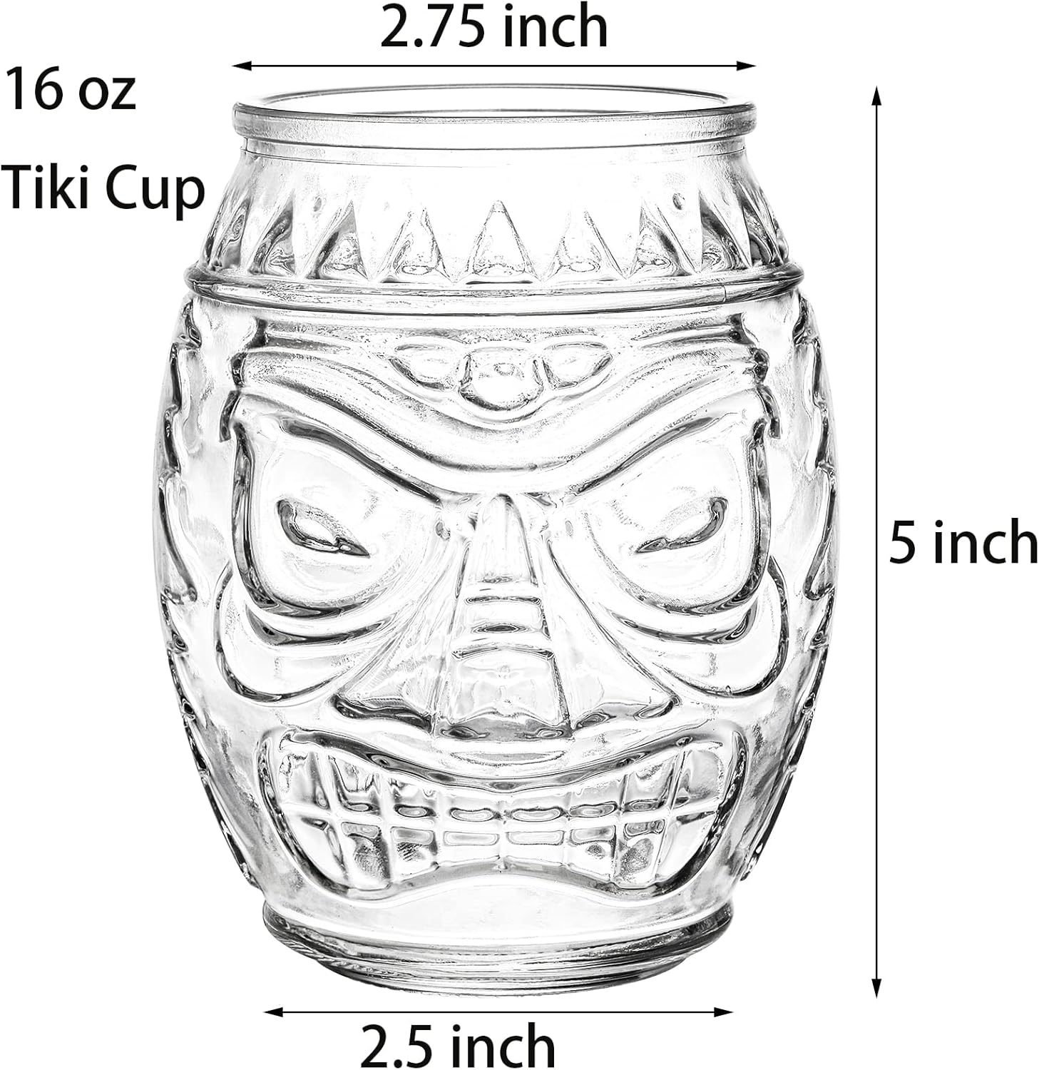 Tiki Glass Mug 6 Pack, 16 Oz Clear Cocktail Cups for Mai Tai and Luau Party D269