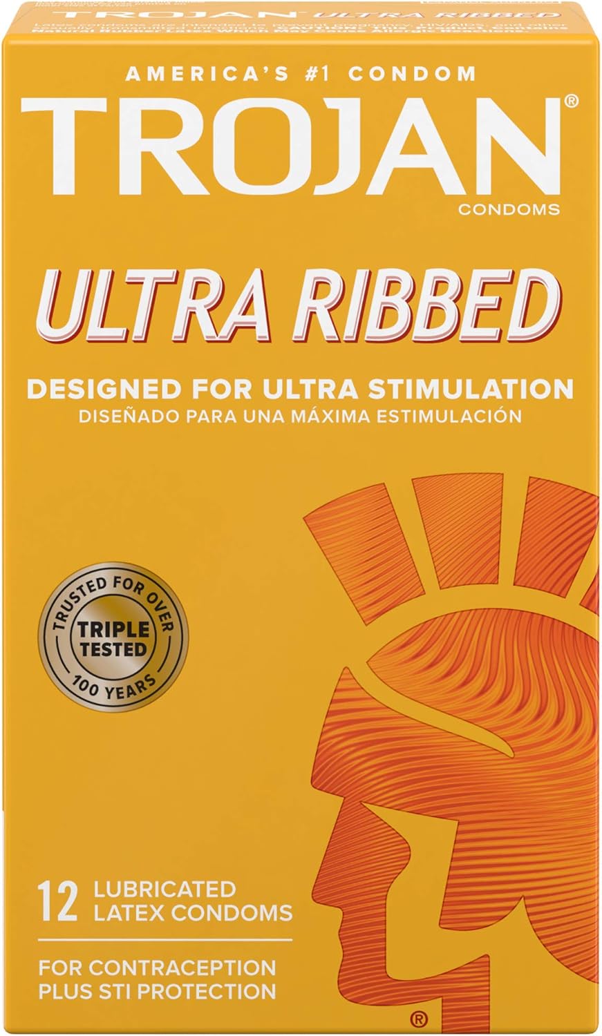 TROJAN Ultra Ribbed Premium Lubricated Condoms, 12 Count