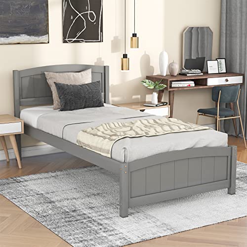 Harper & Bright Designs Twin Platform Bed Wood Bed Frame with Headboard and Footboard, Twin bed with Wood Slat Support, No Box-Spring Needed (New, Grey)