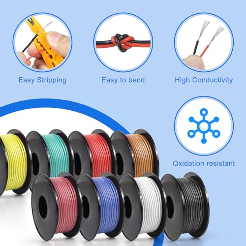 22 AWG Stranded Wire Spool, 50ft, 8 Colors, Silicone Tinned Copper M6044