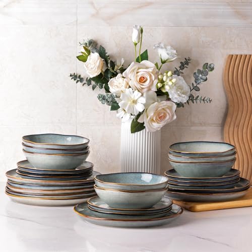 Ceramic Dinnerware Set, Reactive Glaze Plates and Bowls, 24-Piece Service for 8 Y416