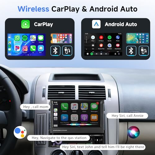 Single Din Car Stereo with Wireless Carplay, 7" Flip Out Touchscreen, Bluetooth, Backup Camera N6782