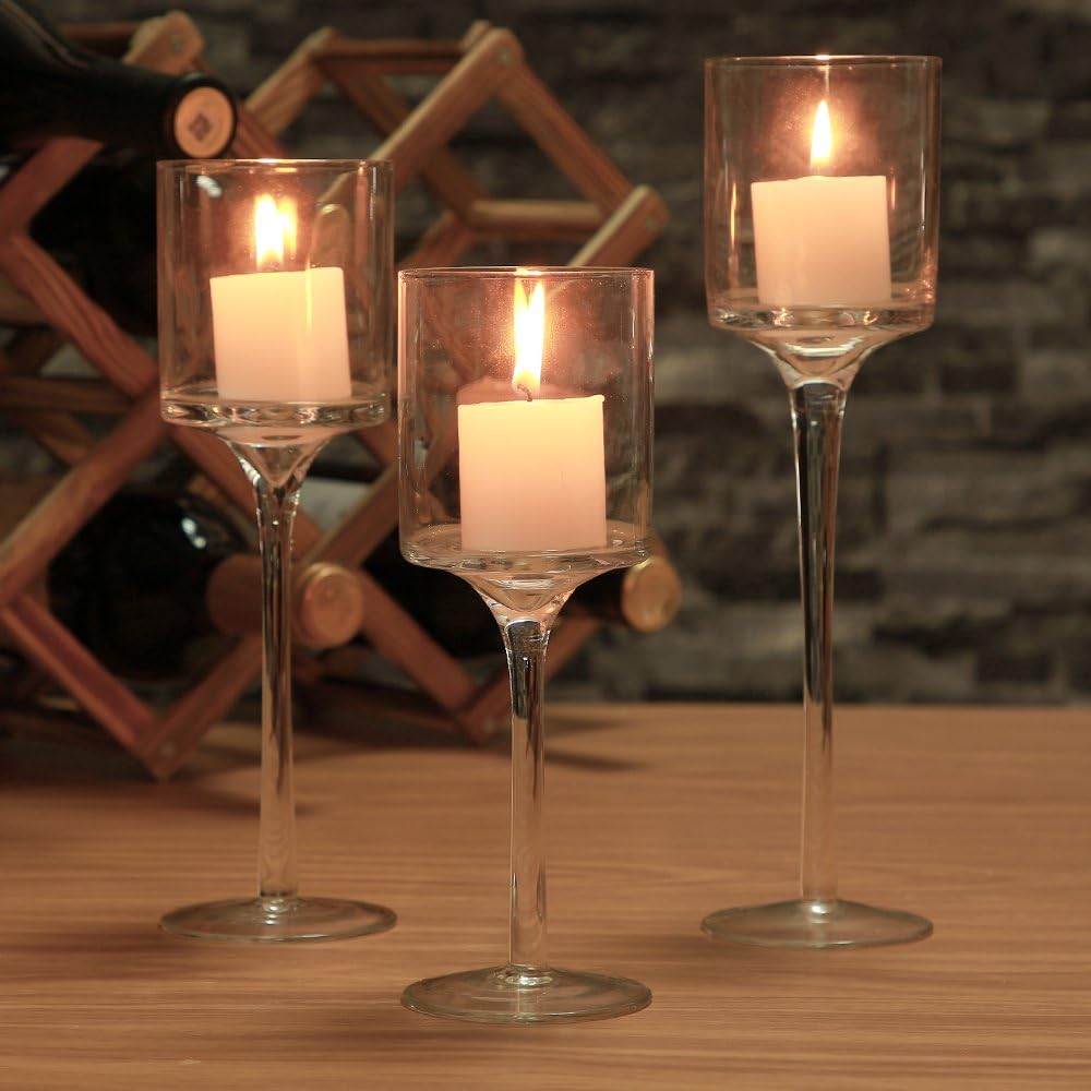 Set of 3 Tall Clear Glass Candlestick & Tealight Holders for Table Centerpiece Decor O2697