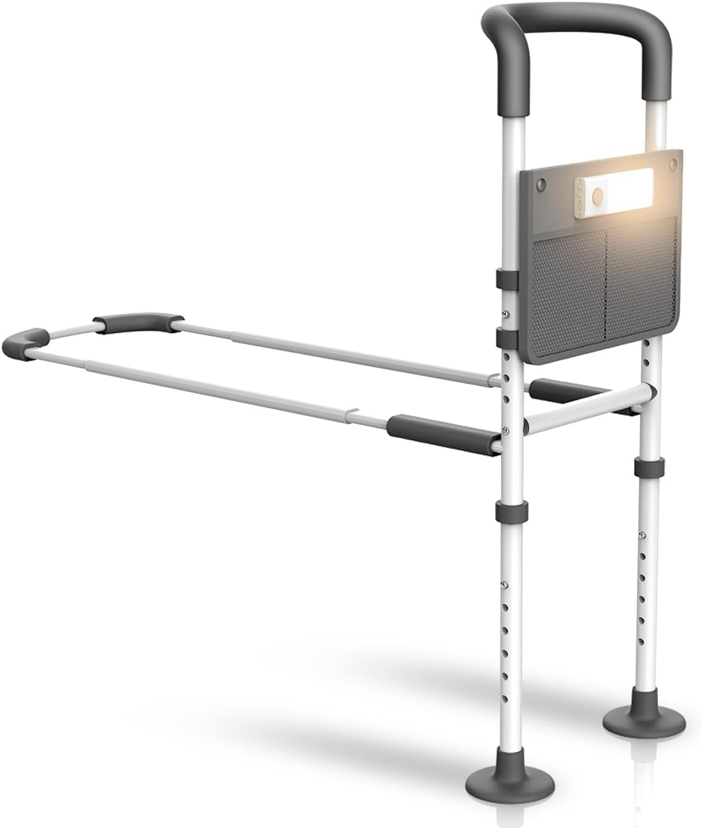 Bed Rails for Elderly Adults Safety - with Motion Light & Storage Pouch, Bedside Assist Bar with Support Legs for Seniors & Surgery Patients - Medical Bed Rail