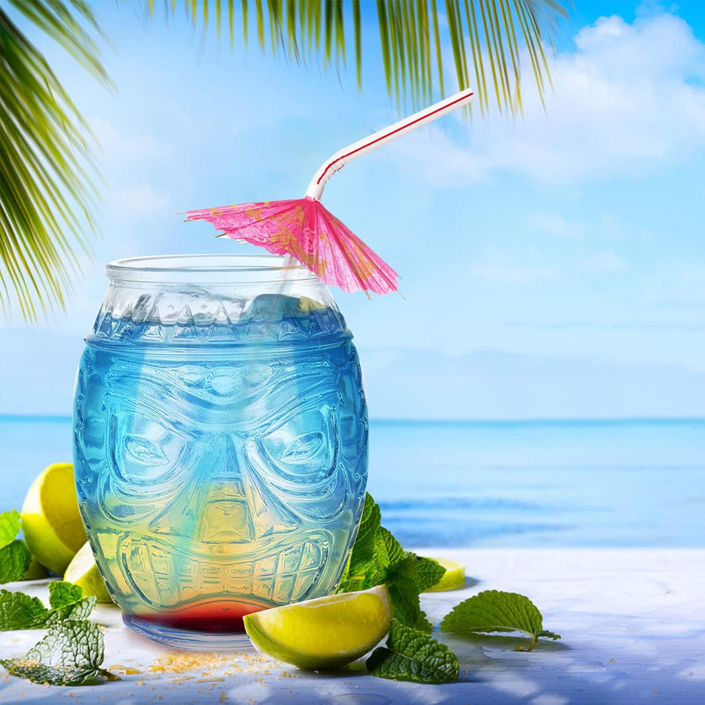 Tiki Glass Mug 6 Pack, 16 Oz Clear Cocktail Cups for Mai Tai and Luau Party D269