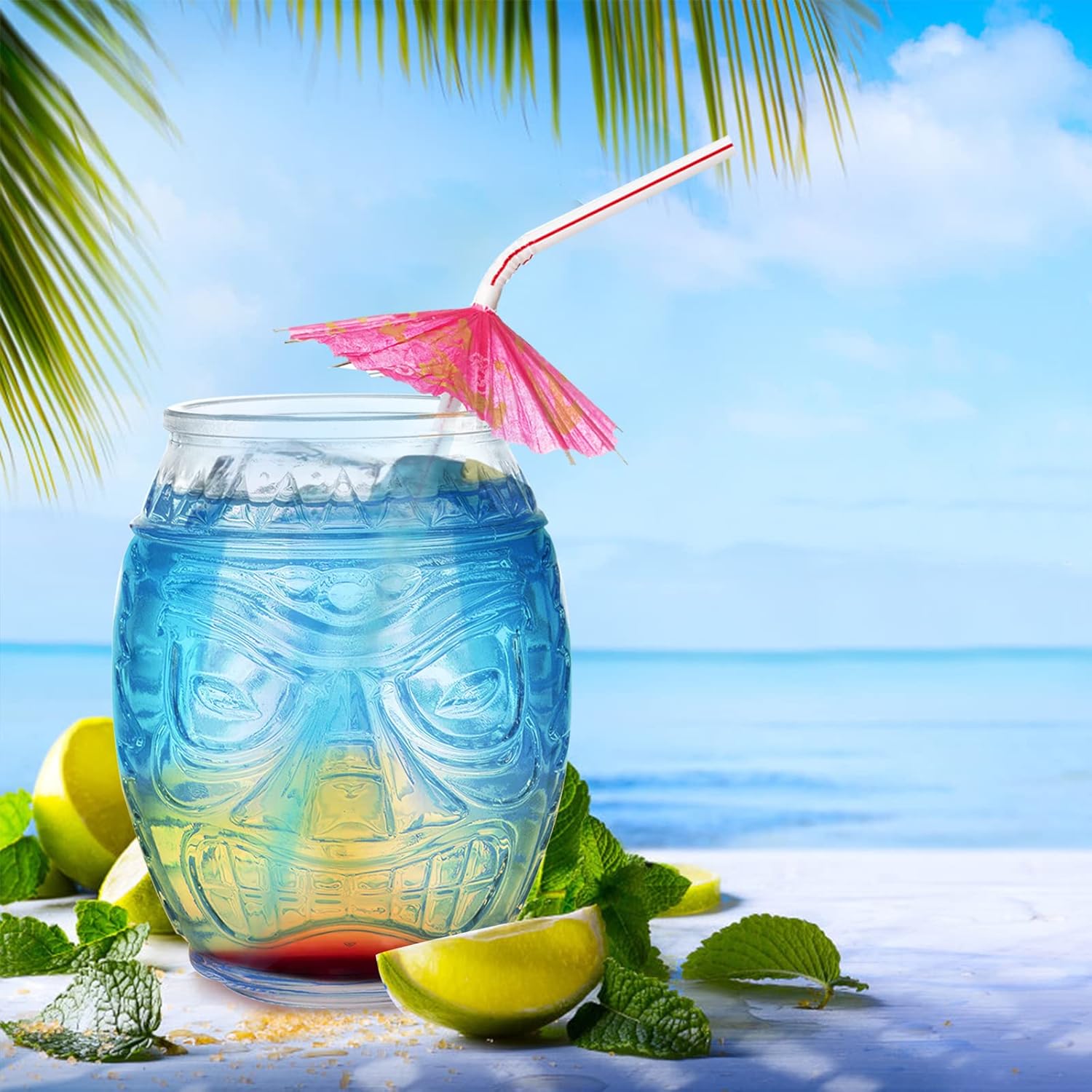 Tiki Glass Mug 6 Pack, 16 Oz Clear Cocktail Cups for Mai Tai and Luau Party D269