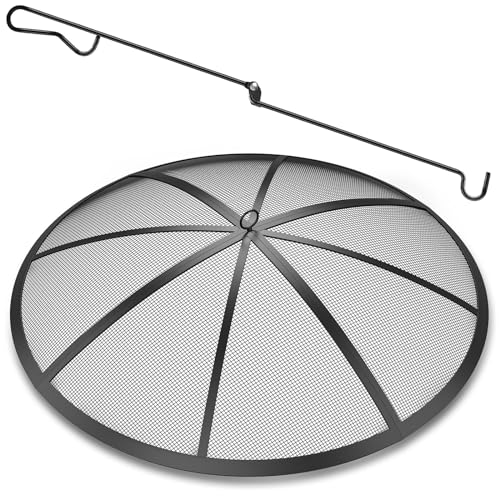 Upgraded Fire Pit Spark Screen, POEPRH 27Inch Collapsible Outdoor Fire Pit Screen with Handle & Poker, 12 Reinforced Bars, Heavy-Duty Steel Mesh Fire Pit Round Cover for Backyard/Beach/RV Camping