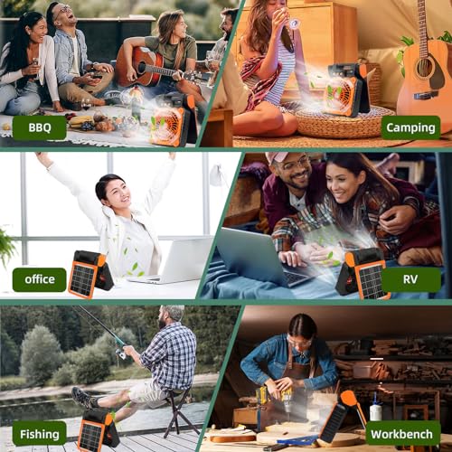 Solar Powered Camping Fan with LED Light, 4 Speeds, Rechargeable E6998