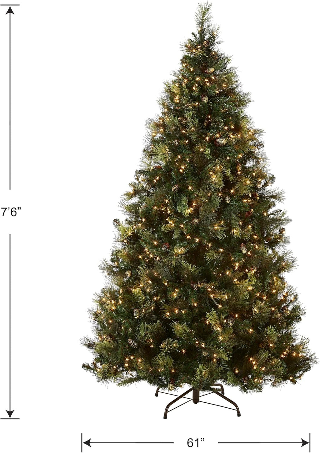 Artificial Holiday Prelit Christmas Tree with 750 Clear Lights, Pinecones, and Metal Stand A566715