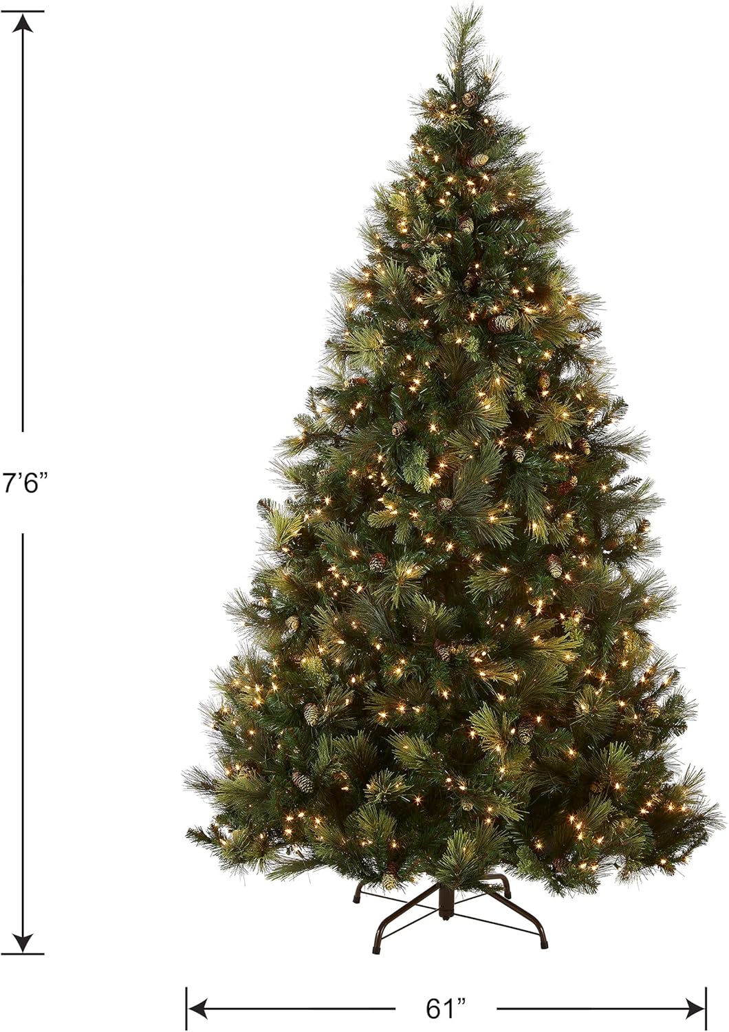 Artificial Holiday Prelit Christmas Tree with 750 Clear Lights, Pinecones, and Metal Stand A566715