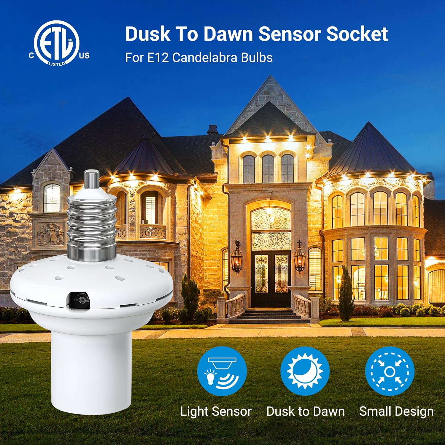 Dusk to Dawn E12 Candelabra Light Socket with Photocell Sensor, 2 Pack S980370