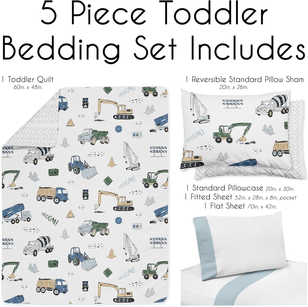 Construction Truck Toddler Bedding Set - 5 Piece Comforter, Sham and Sheets S9497