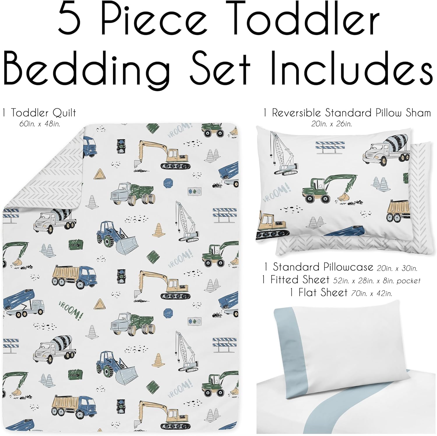Construction Truck Toddler Bedding Set - 5 Piece Comforter, Sham and Sheets S9497