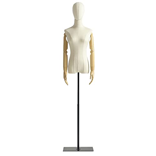 Female Mannequin Dress Form Torso, Display Mannequin Body with Detachable Head, Wooden Hands and Golden Adjustable Height Stand, for Dress Jewelry Display, Beige (Gold)
