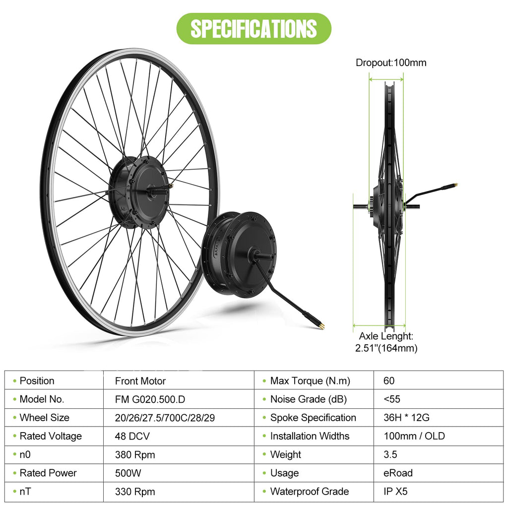 48V 500W Front Hub Motor Electric Bike Conversion Kit for 26"/700C Wheel U12873