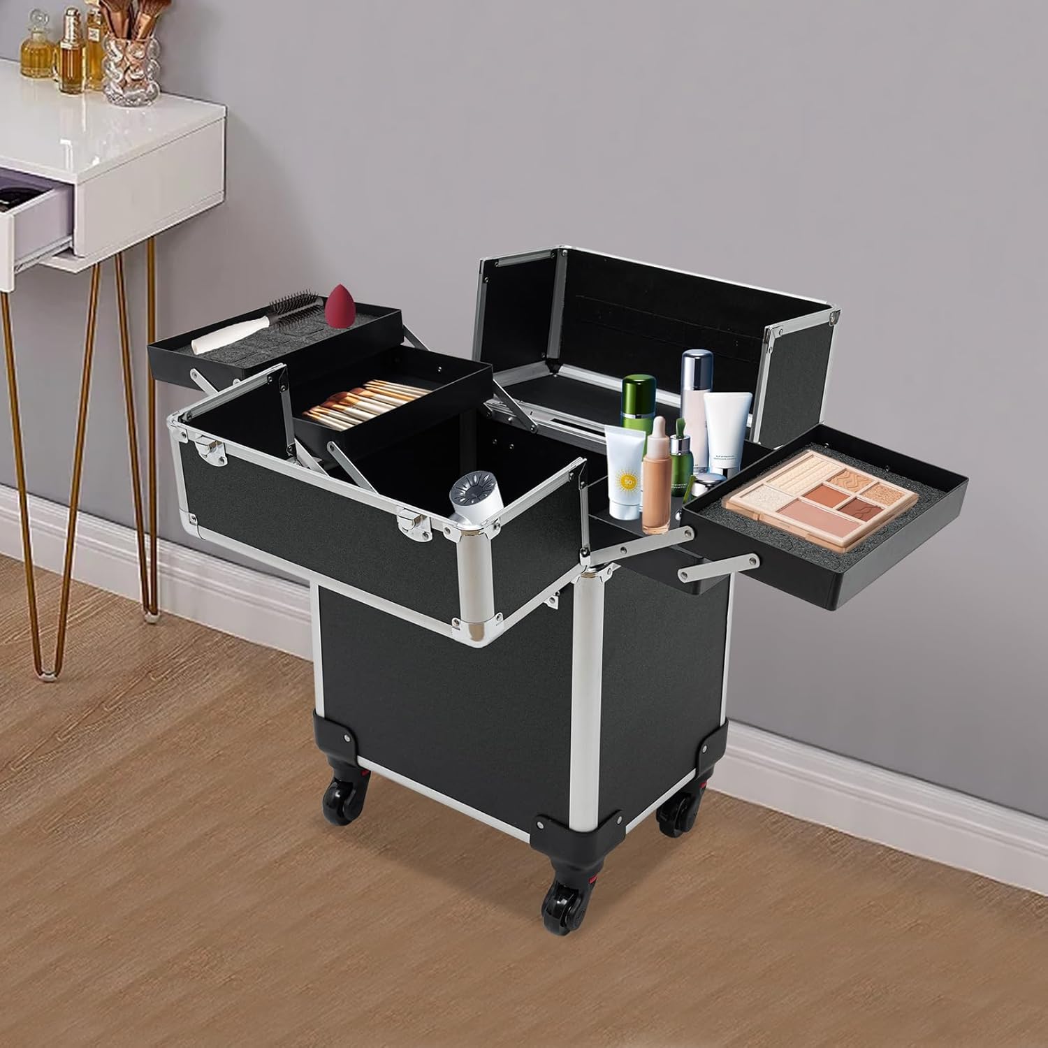 Rolling Makeup Case with 4 Trays and Locks G677493