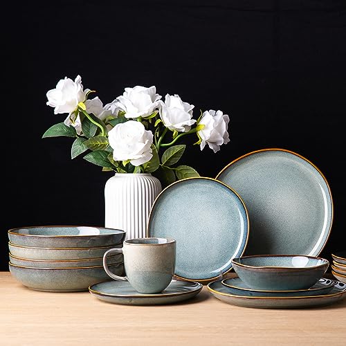 Ceramic Dinnerware Set, Reactive Glaze Plates and Bowls, 24-Piece Service for 8 Y416