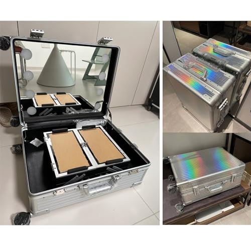 Rolling Makeup Train Case with Lighted Mirror, Aluminum Trolley Travel Organizer H100026
