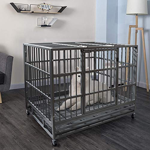 48 Inch Heavy Duty Dog Crate with Wheels, Double Door and Removable Tray R8437