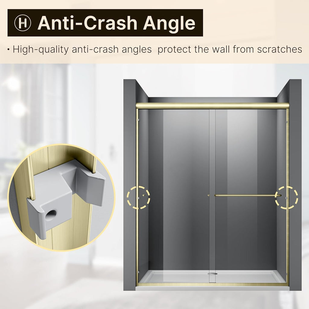 Double Sliding Shower Door, Semi-Frameless, Clear Tempered Glass, Brushed Gold Finish T561088