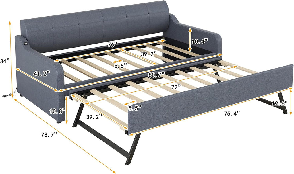 Upholstered Daybed with Trundle and USB Charging, Extendable Sofa Bed Frame A685934