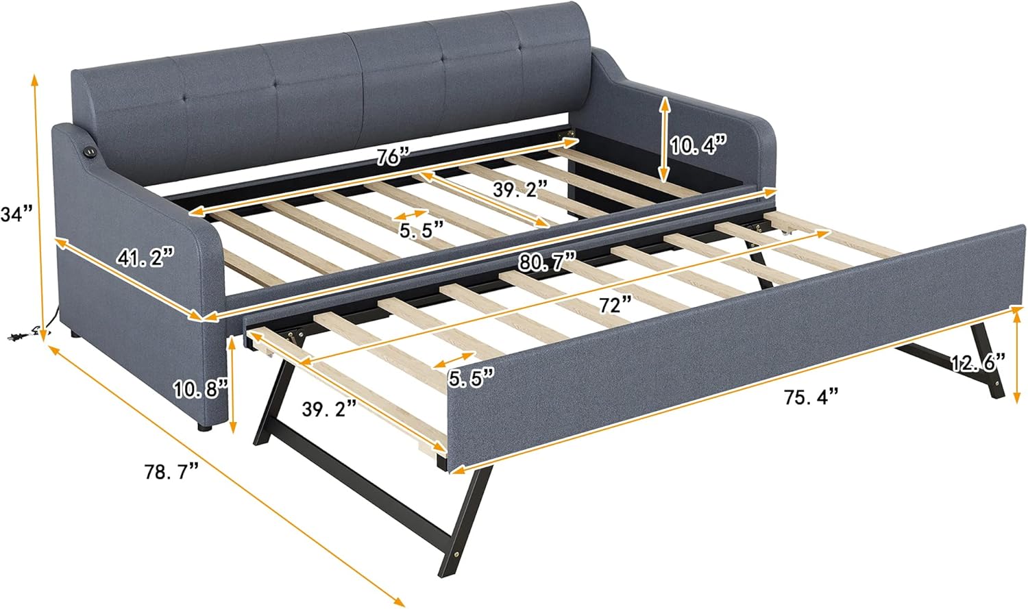 Upholstered Daybed with Trundle and USB Charging, Extendable Sofa Bed Frame A685934