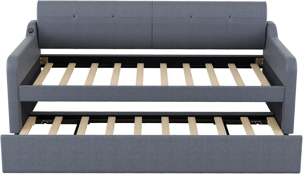 Upholstered Daybed with Trundle and USB Charging, Extendable Sofa Bed Frame A685934