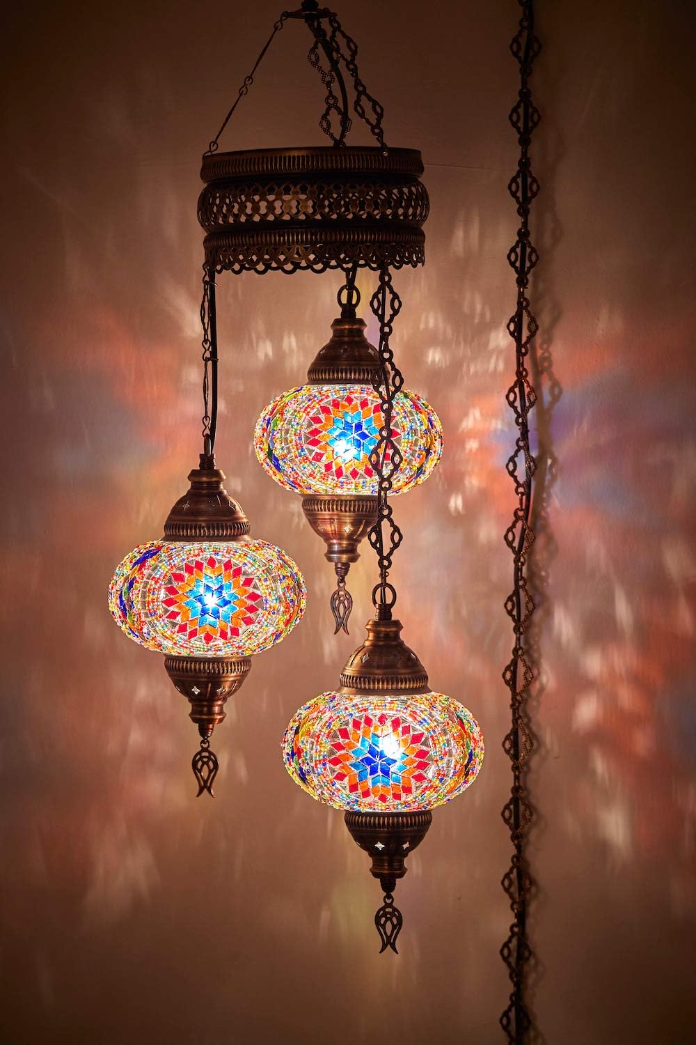 Turkish Moroccan Mosaic Plug In Chandelier, Boho Ceiling Hanging Lamp, 15ft Cord, 3 Globes P769480