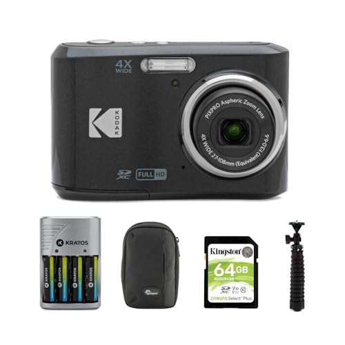 Kodak PIXPRO FZ45 Friendly Zoom Digital Camera (White) Bundle with 64 GB UHS-I U1 SDXC Memory Card, Rapid Travel Charger with 4 AA Rechargeable Batteries, Spider Tripod, and Camera Case (5 Items)