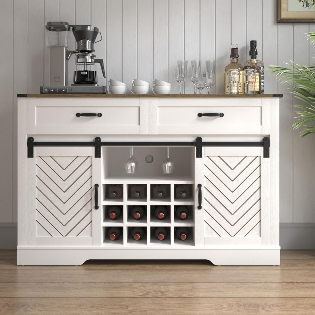 Sliding Barn Door Sideboard Buffet Cabinet with Wine Rack, White & Oak Y496