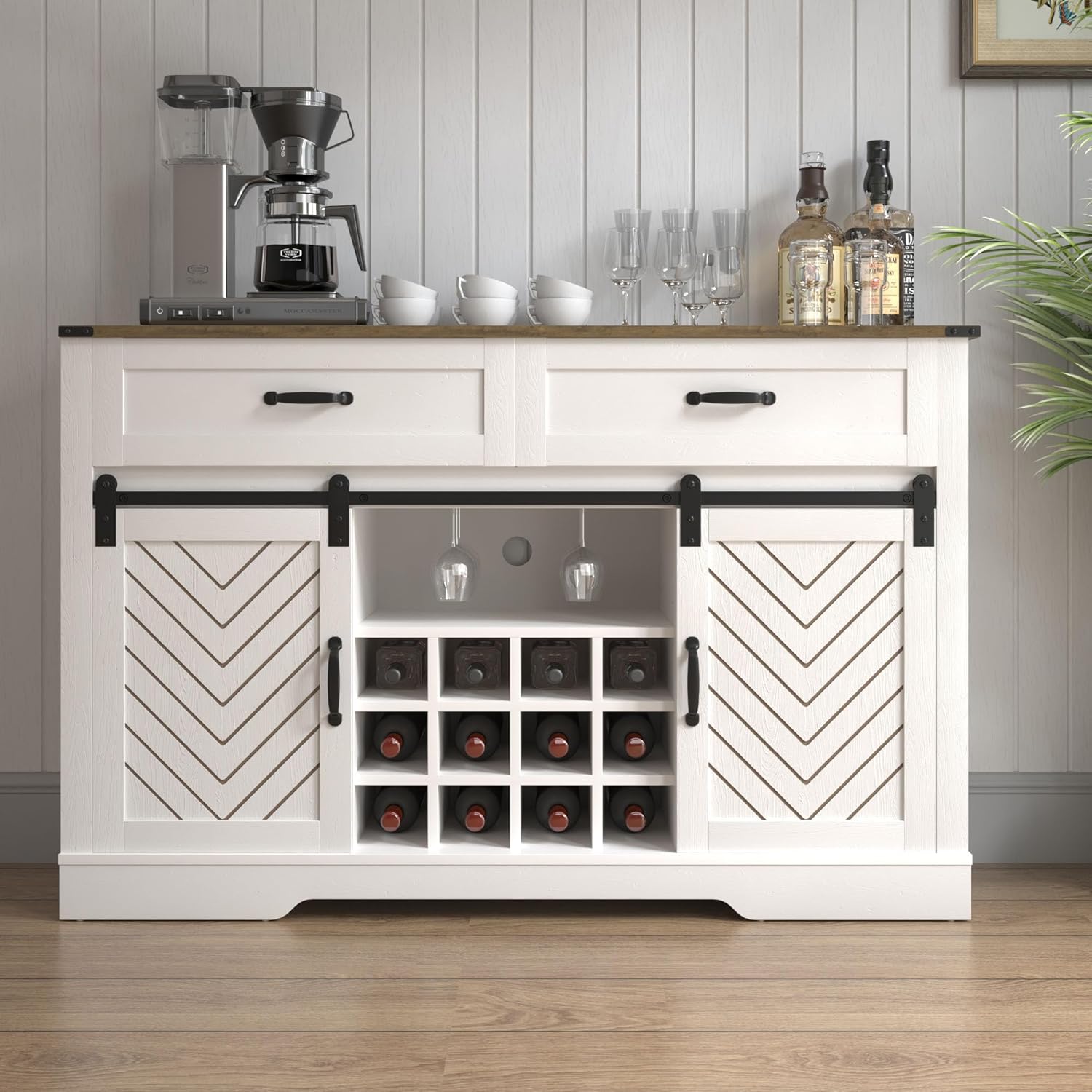 Sliding Barn Door Sideboard Buffet Cabinet with Wine Rack, White & Oak Y496