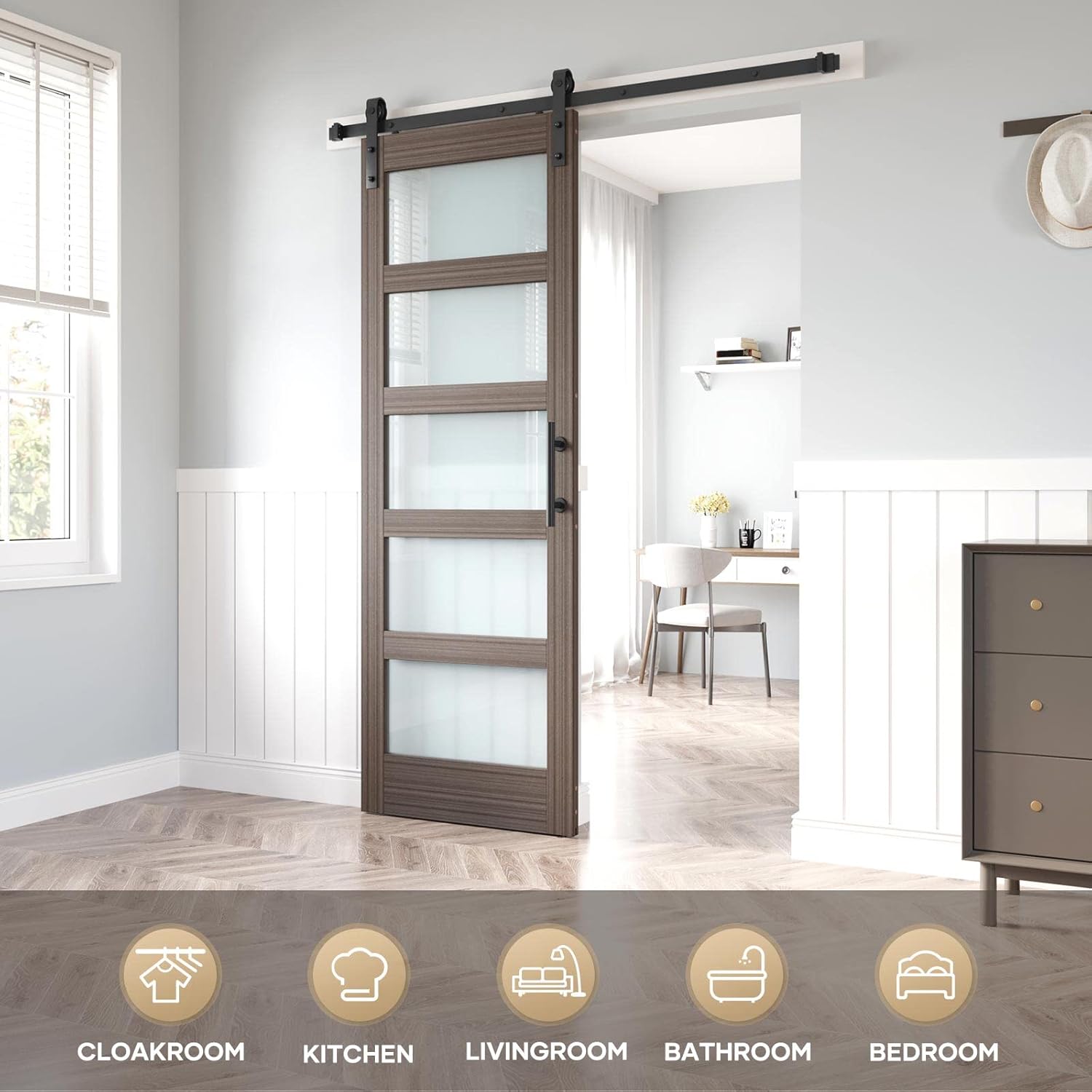 Glass Sliding Barn Door Slab with Hardware Kit, MDF Wood Panel, PVC Surface U32901
