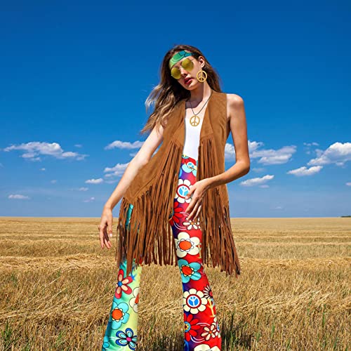 Hippie Costume Set for Women Boho Flared Pants Fringe Vest Accessories F79232