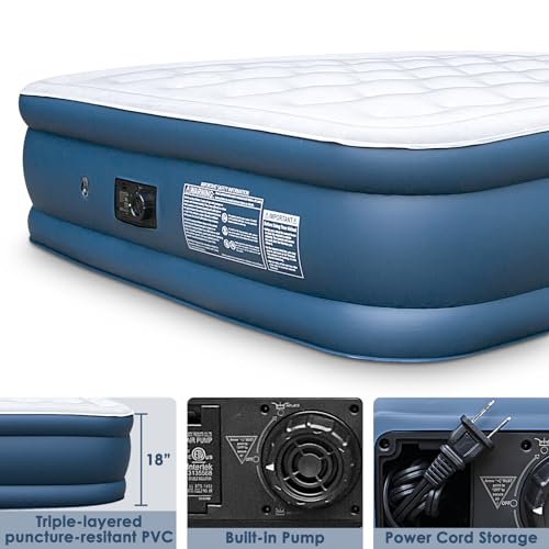 Queen Air Mattress with Built-in Pump, 18" Elevated Inflatable Bed with Storage Bag V3513